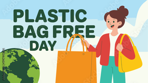 Woman promoting Plastic Bag Free Day with eco friendly bags