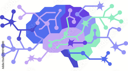 Colorful Brain Network With Neural Circuits And Data Connections. Vector Illustrations. EPS Editable
