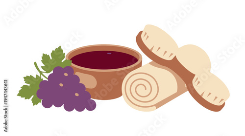 Colorful Bread and Grapes with Parsley and Dip. Vector Illustrations. EPS Editable