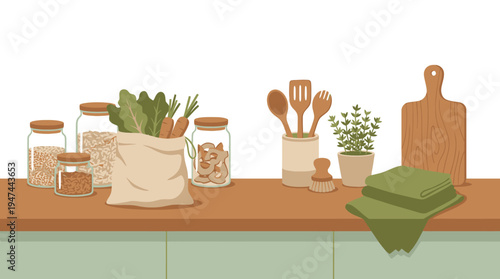Cozy Kitchen Counter with Jars Fresh Herbs and Wooden Utensils. Vector Illustrations. EPS Editable