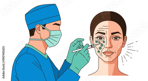 Cosmetic Facial Procedure Demonstrated by Surgeon and Doctor in a Clinical Setting. Vector Illustrations. EPS Editable