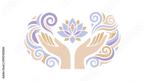 Harmonious Hands Embrace Lotus With Blooming Spiritual Symbol. Vector Illustrations. EPS Editable