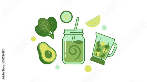 Healthy green smoothie ingredients in jar and blender. Vector Illustrations. EPS Editable