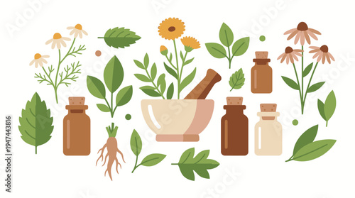 Herbal Apothecary Scene With Bottles And Mortar. Vector Illustrations. EPS Editable