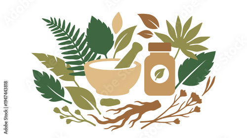 Herbal Assembly with Mortar and Pestle and Fresh Leaves. Vector Illustrations. EPS Editable