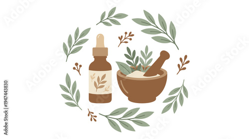 Herbal essential oil bottle and mortar pestle surrounded by botanical leaves. Vector Illustrations. EPS Editable