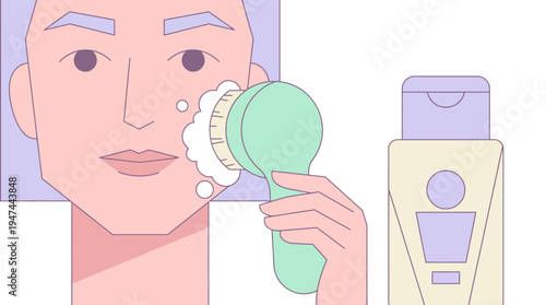 Illustrated Portrait of Person Using Facial Cleansing Device at Home. Vector Illustrations. EPS Editable