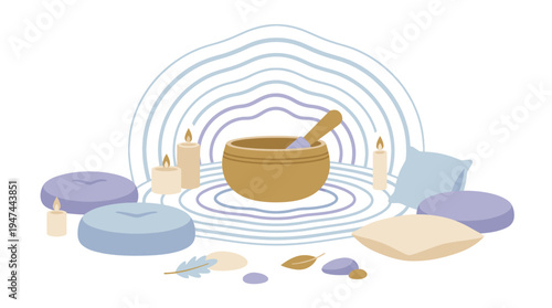 Herbal Mortar and Pestle Circle Arrangement with Stones and Pottery. Vector Illustrations. EPS Editable