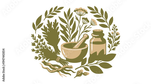 Herbal Remedy Scene with Mortar and Pestle Fresh Herbs. Vector Illustrations. EPS Editable