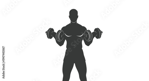 Muscular male silhouette vector illustration demonstrating bicep curls with dumbbells for fitness and workout graphic design.