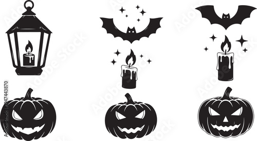 Halloween icons including pumpkins, bats, and lanterns on white