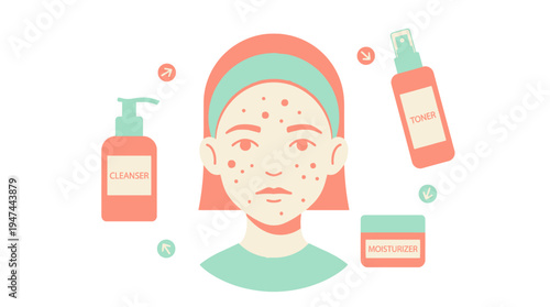Illustration Of Skincare Routine With Facemask And Beauty Bottles. Vector Illustrations. EPS Editable