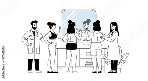Medical Clinic Reception Group Consultation At Hospital. Vector Illustrations. EPS Editable
