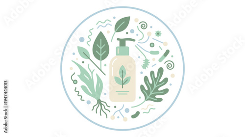 Organic Herbal Sanitizer Bottle Surrounded by Green Leaves Illustration. Vector Illustrations. EPS Editable