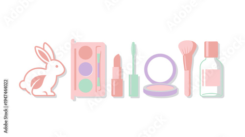Pastel Cosmetics and Cute Bunny Makeup Essentials Display. Vector Illustrations. EPS Editable