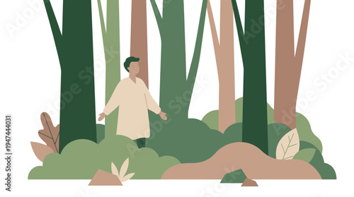 Person Walking Through Dense Forest Trail. Vector Illustrations. EPS Editable