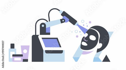 Professional Facial Treatment Scene with Skincare Devices and Mask. Vector Illustrations. EPS Editable