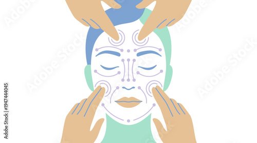 Relaxing facial mask treatment being applied by hands. Vector Illustrations. EPS Editable