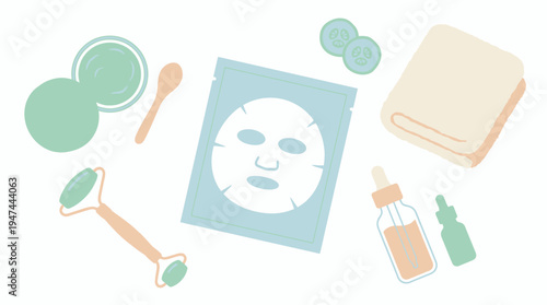 Relaxing skincare spa set with face mask and tools. Vector Illustrations. EPS Editable