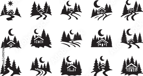 Black Silhouette Icons of Houses and Forests at Night