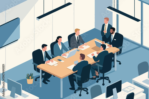 Eight business professionals in modern conference room with laptops and documents, one presenting to group, stylized vector illustration of teamwork, collaboration and corporate meeting.