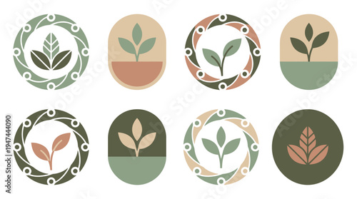 Series of Circular Plant Leaves Emblems in Green Tones. Vector Illustrations. EPS Editable
