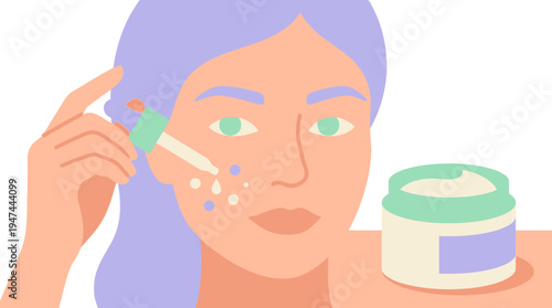 Skincare Ritual Portrait of a Woman Applying Cream. Vector Illustrations. EPS Editable