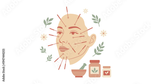 Ancient Wisdom Portrait with Herbal Wellness Elements. Vector Illustrations. EPS Editable