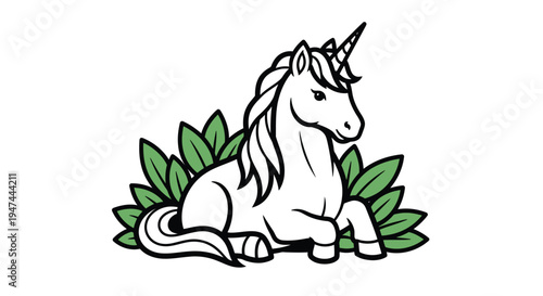Elegant Unicorn Resting Amidst Lush Greenery in a Serene Scene.