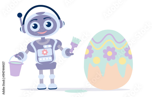 A cute robot colors a giant Easter egg, flat vector illustration. Suitable for greeting cards, holiday advertising in banks, social media, and print media.