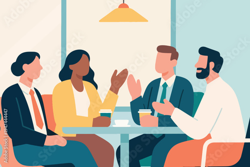 Four professionals in casual meeting with coffee cups around table, stylized vector illustration of teamwork, collaboration and social interaction in relaxed setting.