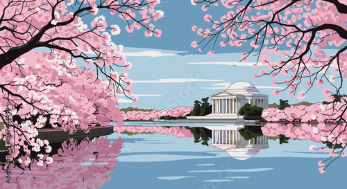 Panoramic view of the Thomas Jefferson Memorial surrounded by blooming cherry blossom trees reflected in calm waters on a sunny day in Washington D.C.