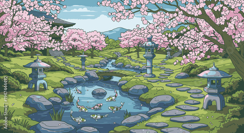 Serene Japanese garden scene with cherry blossom trees, stone lanterns, and stepping stones leading to a small pond with koi fish, set against a backdrop of mountains and blue sky.