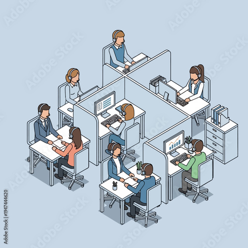 Isometric illustration of a call center with employees wearing headsets and working.