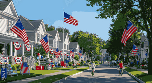 Suburban street lined with American flags and patriotic decorations on homes and lawns under a clear blue sky.