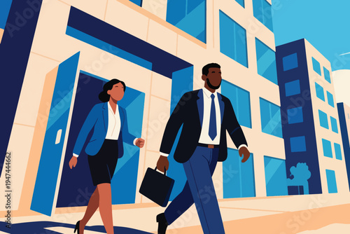 Two business professionals walking outside modern office building, stylized vector illustration of corporate lifestyle, professionalism and urban environment.