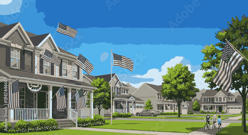 Suburban neighborhood street with houses, trees, and flying American flags on a sunny day with a clear blue sky.