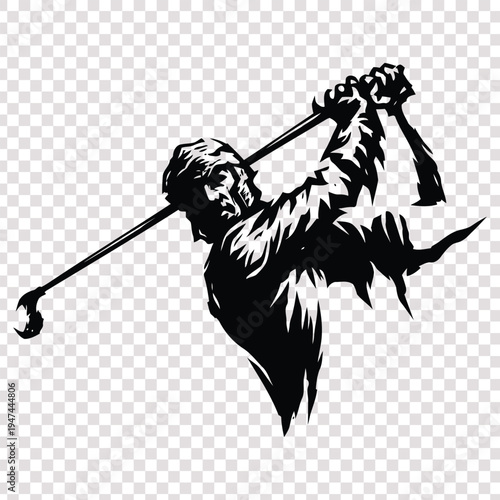 Dynamic silhouette of a determined golfer swinging a club during a powerful stroke