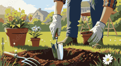 A person wearing gloves digging in a garden with a shovel and fork, surrounded by potted plants and flowers in a suburban backyard with a house in the background.