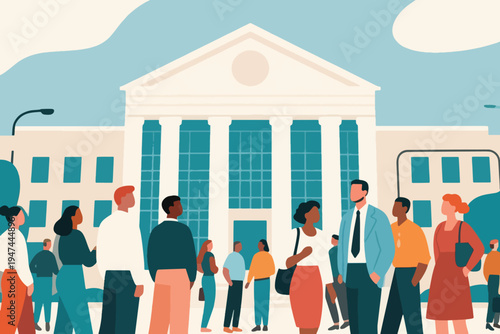 Group of people conversing outside classical building with tall columns and pediment, stylized vector illustration of civic, academic and communal environment.