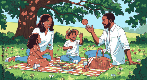 A family of four having a picnic on a blanket under a tree in a green field with a basket and food.