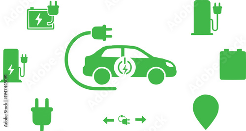 The central icon is an electric car, prominently displayed with a charging symbol in its center. This design emphasizes the vehicle's electric nature and highlights the importance of charging 