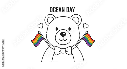 Illustration of a bear holding rainbow flags for Ocean Day.