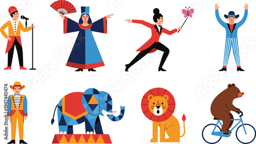 circus, performers, characters, vector, illustration, flat, design, set, entertainer, singer, dancer, magician, elephant, lion, bear, bicycle, show, carnival, collection, cartoon