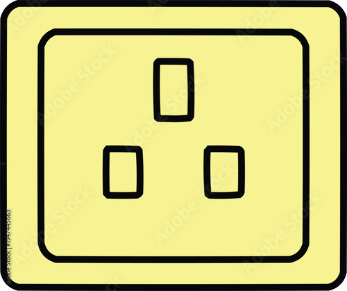 described features an electrical outlet that has a distinctive design. The outlet is set against a yellow square-shaped plate, which adds a bright and cheerful touch to its appearance.