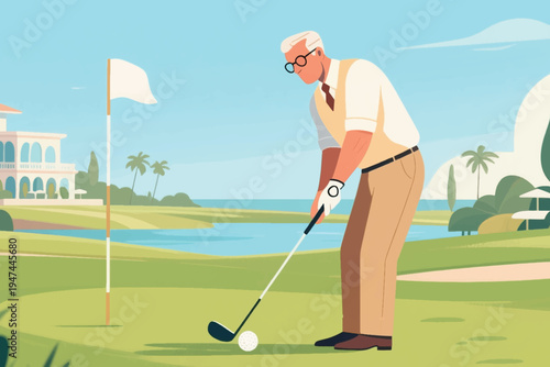 Senior golfer aiming at hole on tropical course with clubhouse and palm trees, stylized vector illustration of sport, leisure and outdoor lifestyle.