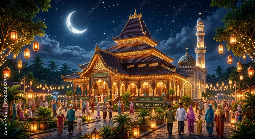 Fototapeta premium Indonesian Ramadan Mosque Crescent Night