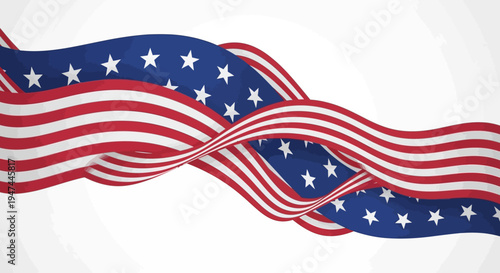Vector illustration of a wavy USA flag design on a white background, symbolizing happy Independence Day in the United States with a flying bird and iconic stars and stripes.