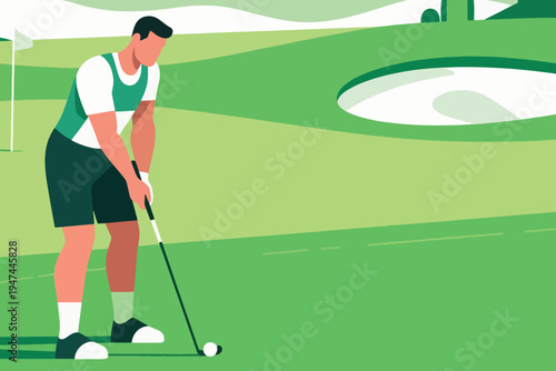 Golfer preparing to hit ball on lush green course with flag and bunker, stylized vector illustration of sport, leisure and outdoor lifestyle.