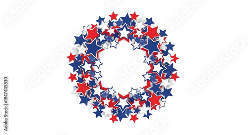 Vector illustration of a patriotic wreath made of red, white, and blue stars on a white background, symbolizing happy Independence Day in the USA with a festive design.